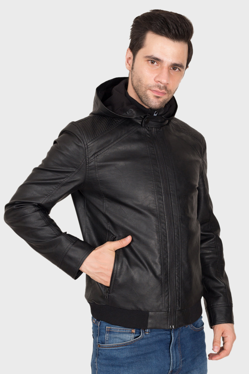 Justanned Black Hoodie Leather Jacket
