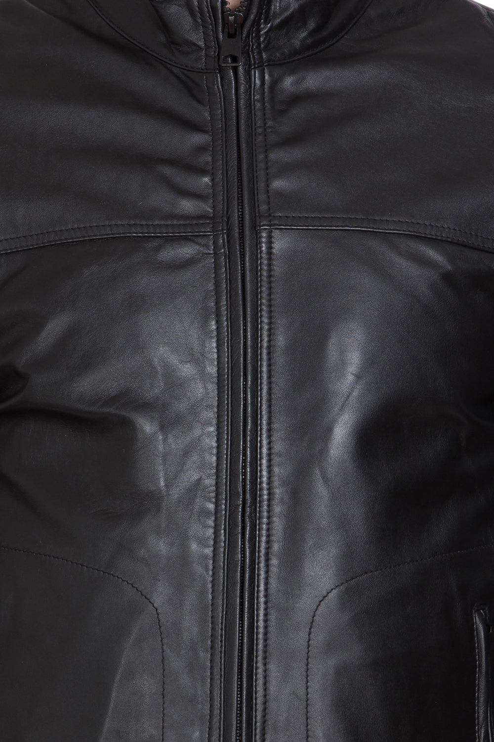 Justanned Jet Black High Neck Leather Jacket