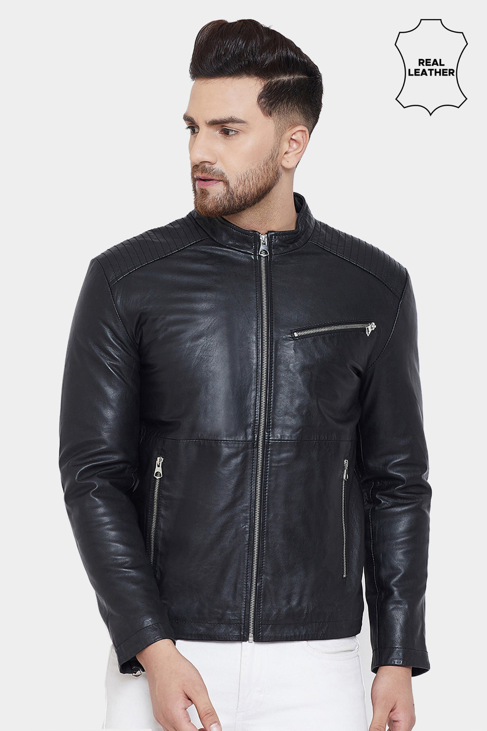 Justanned Up Collar Real Leather Black Jacket