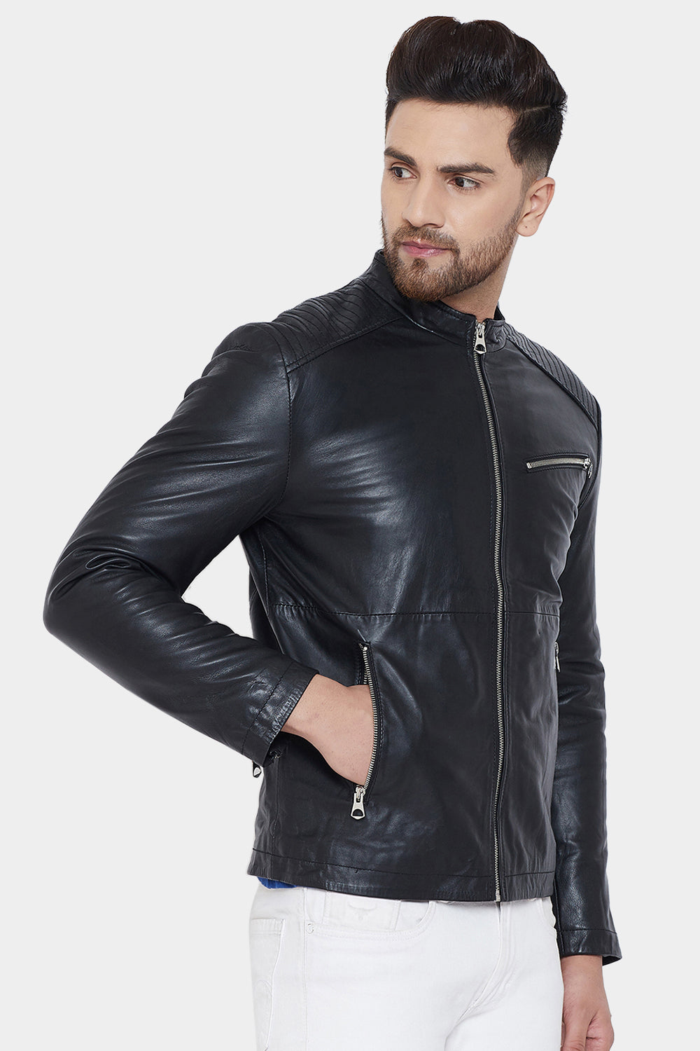 JUSTANNED ZIP UP COLLAR REAL LEATHER BLACK JACKET – Justanned