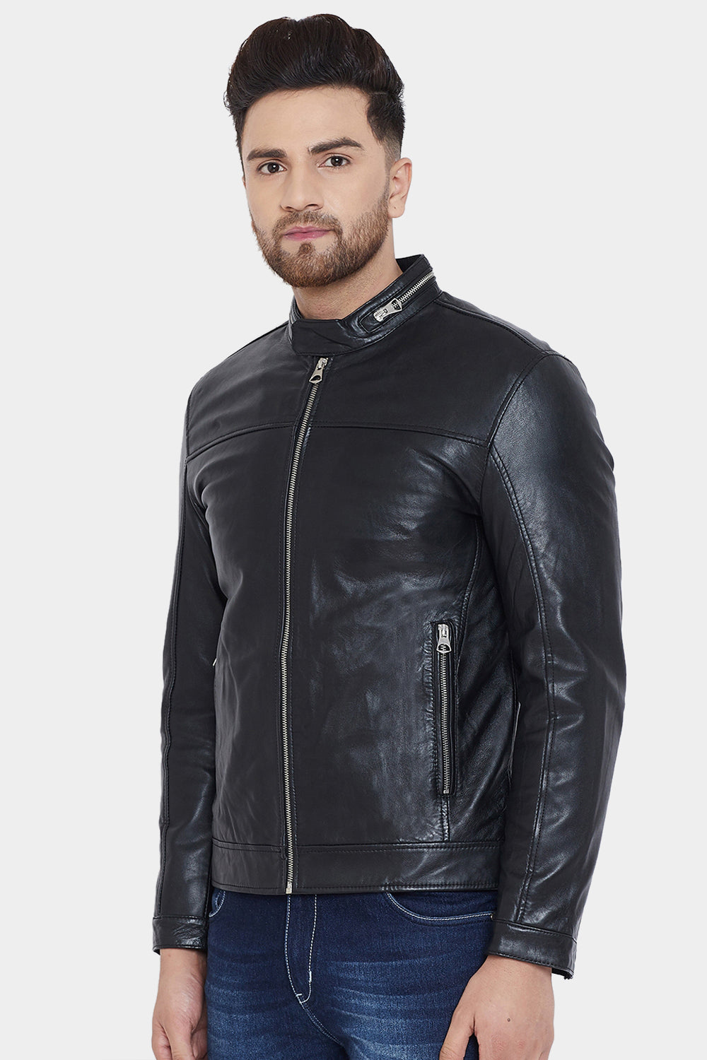 Justanned Zip Around Collar Real Leather Black Jacket