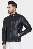 Justanned Real Leather Snap Collar Black Jacket