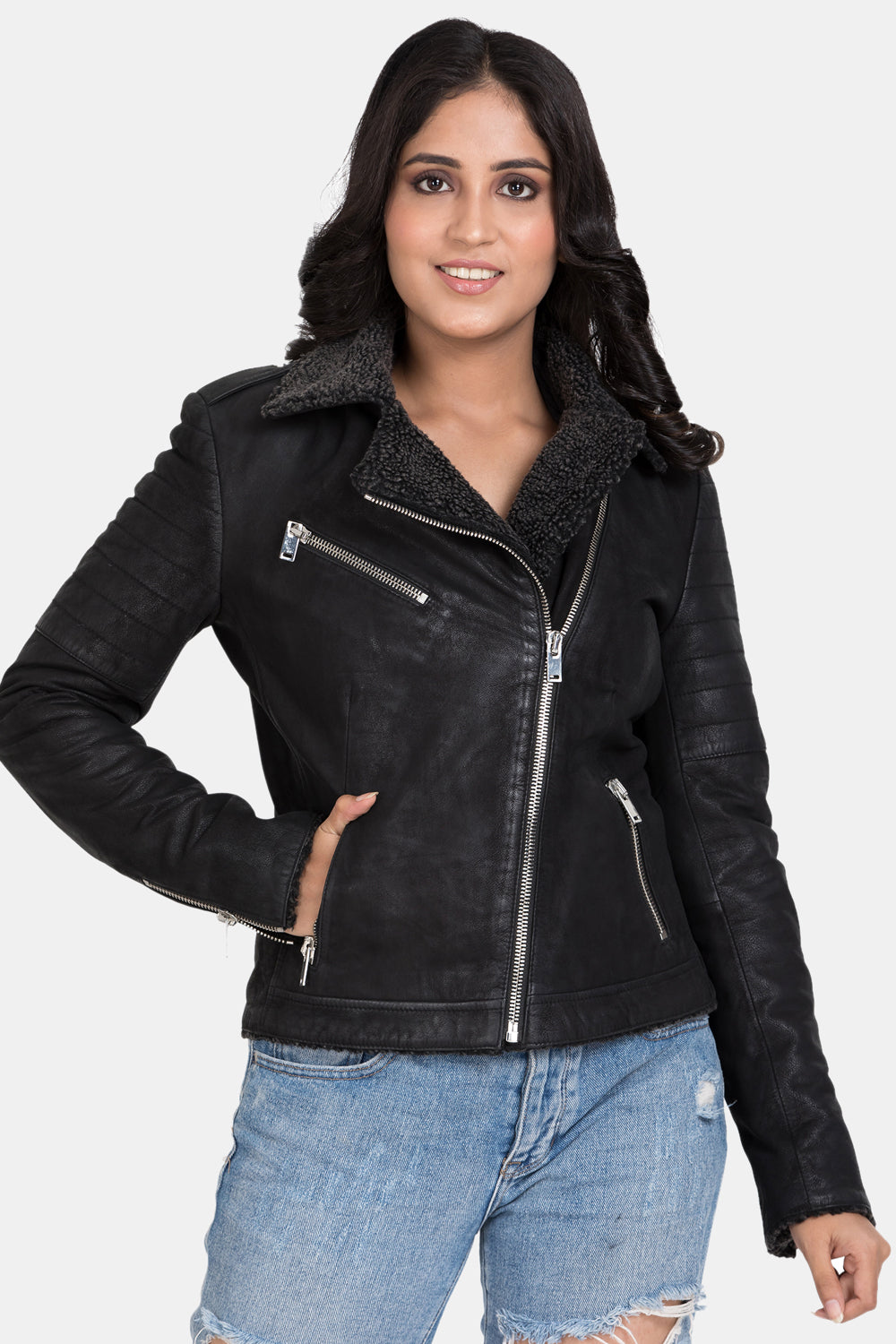 Justanned Fur Biker Leather Jacket