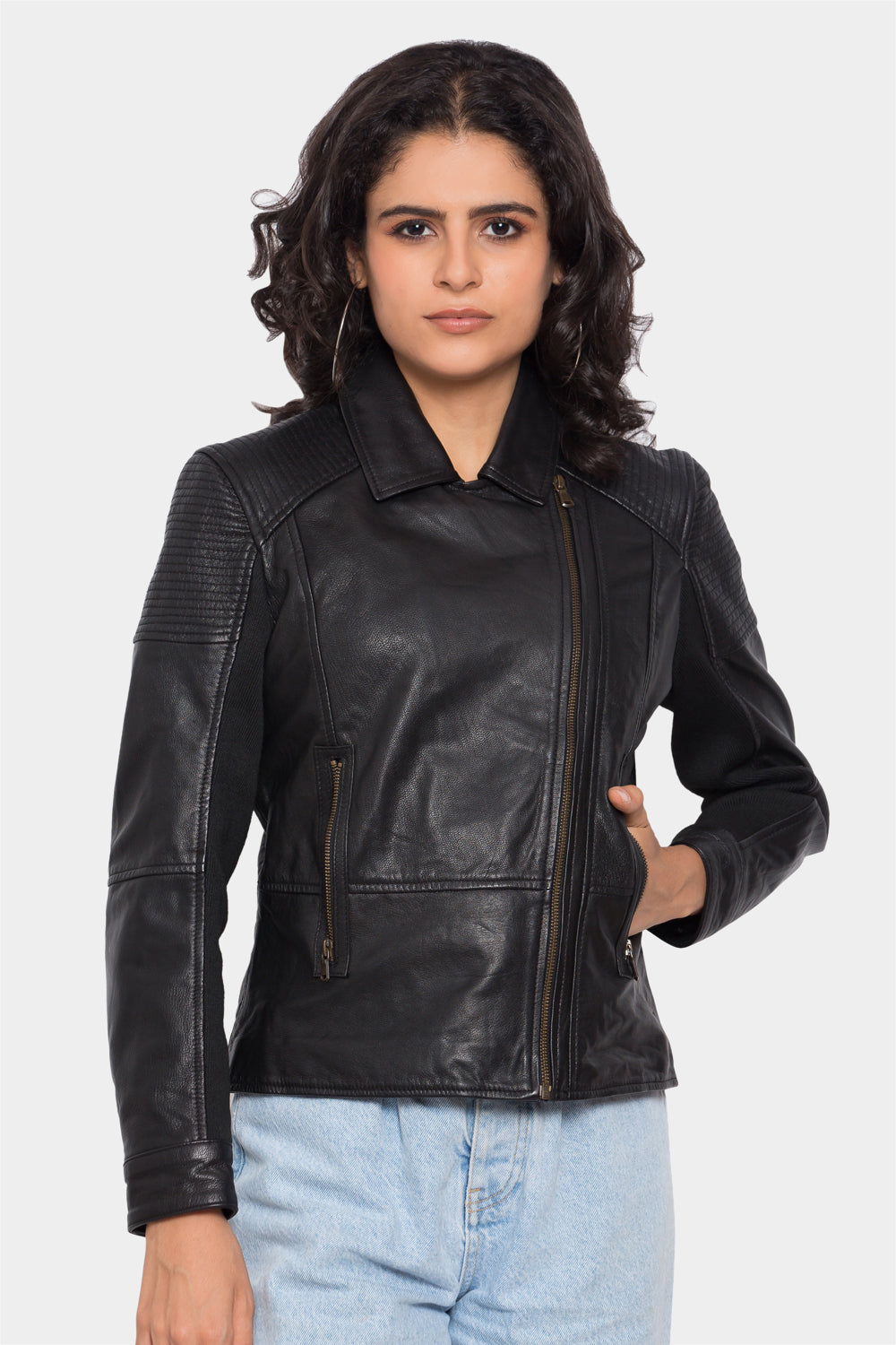 Ribbed Black Biker Leather Jacket