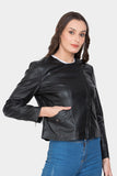 Justanned Black Wide Collar Women Leather Jacket
