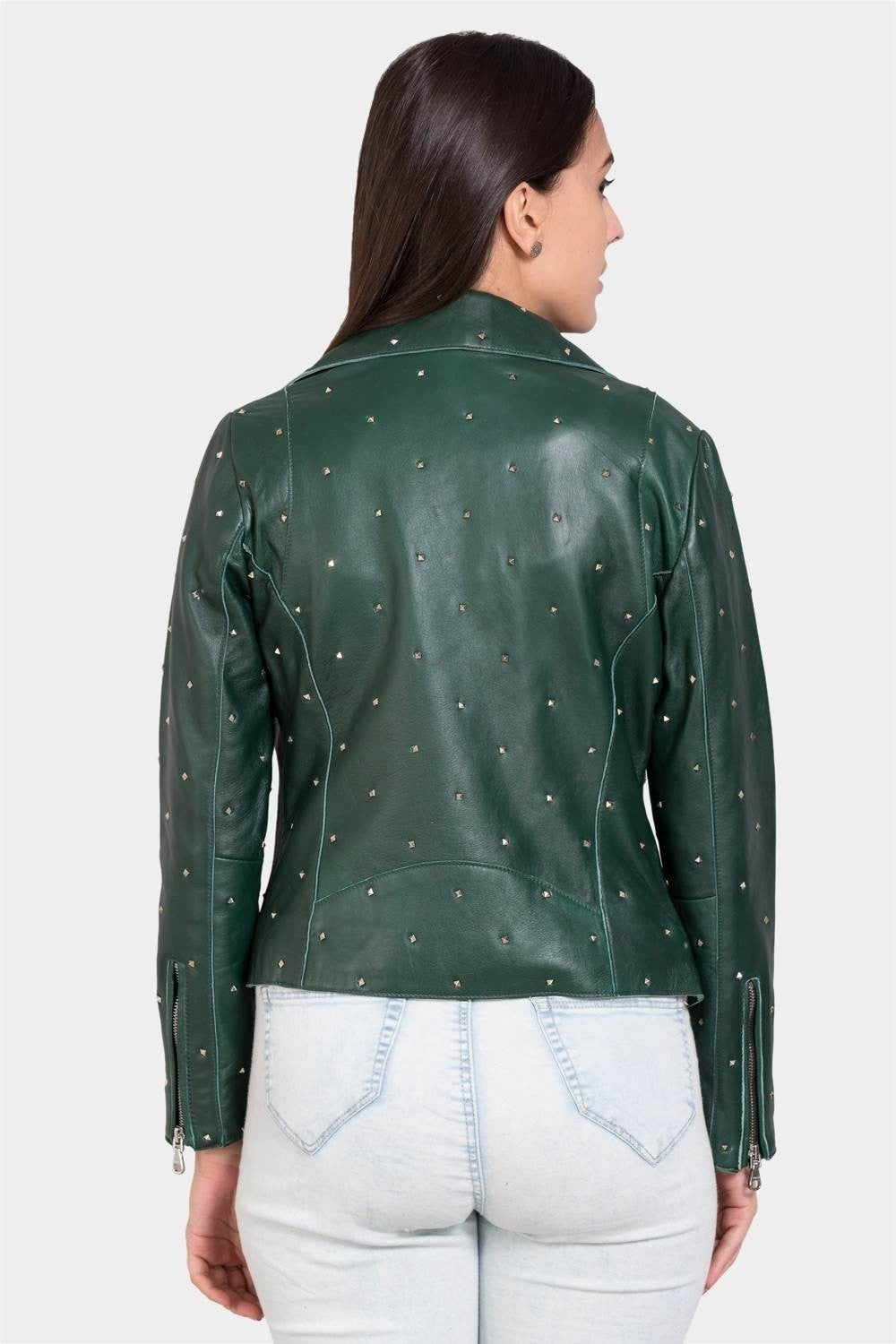 Justanned Womens Studed Green Leather Jacket