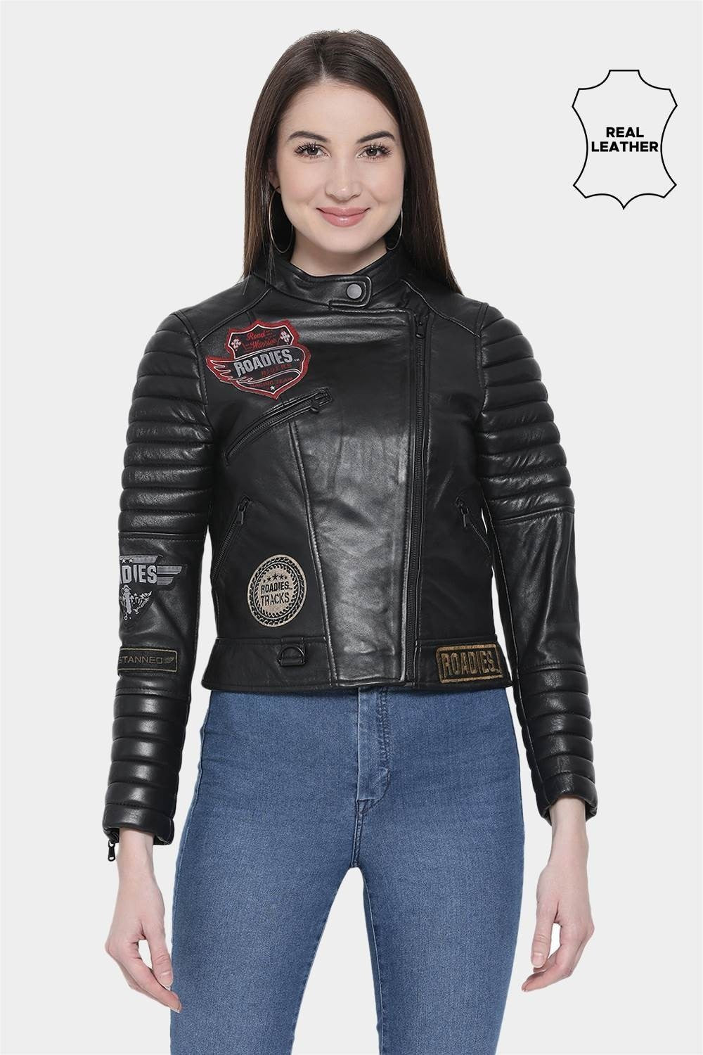 Justanned Patch Detail Biker Womens Leather Jacket
